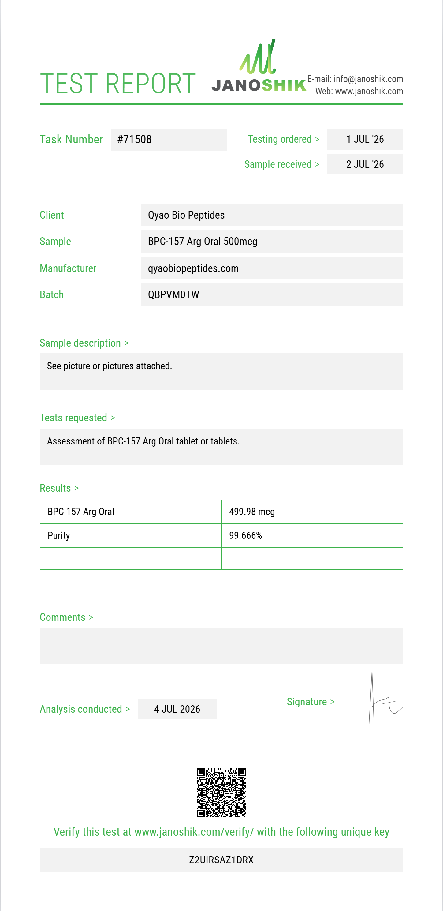 BPC-157 Arg Oral Purity Test Report by Medutest