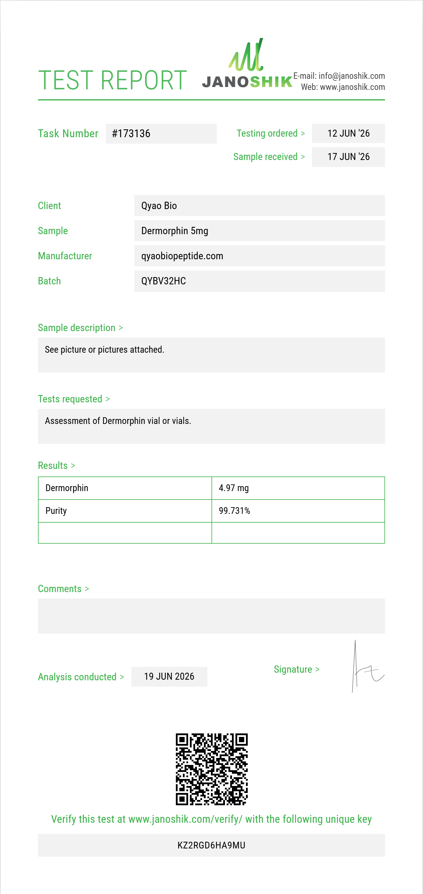 Dermorphin Purity (HPLC) report by Janoshik Analytical