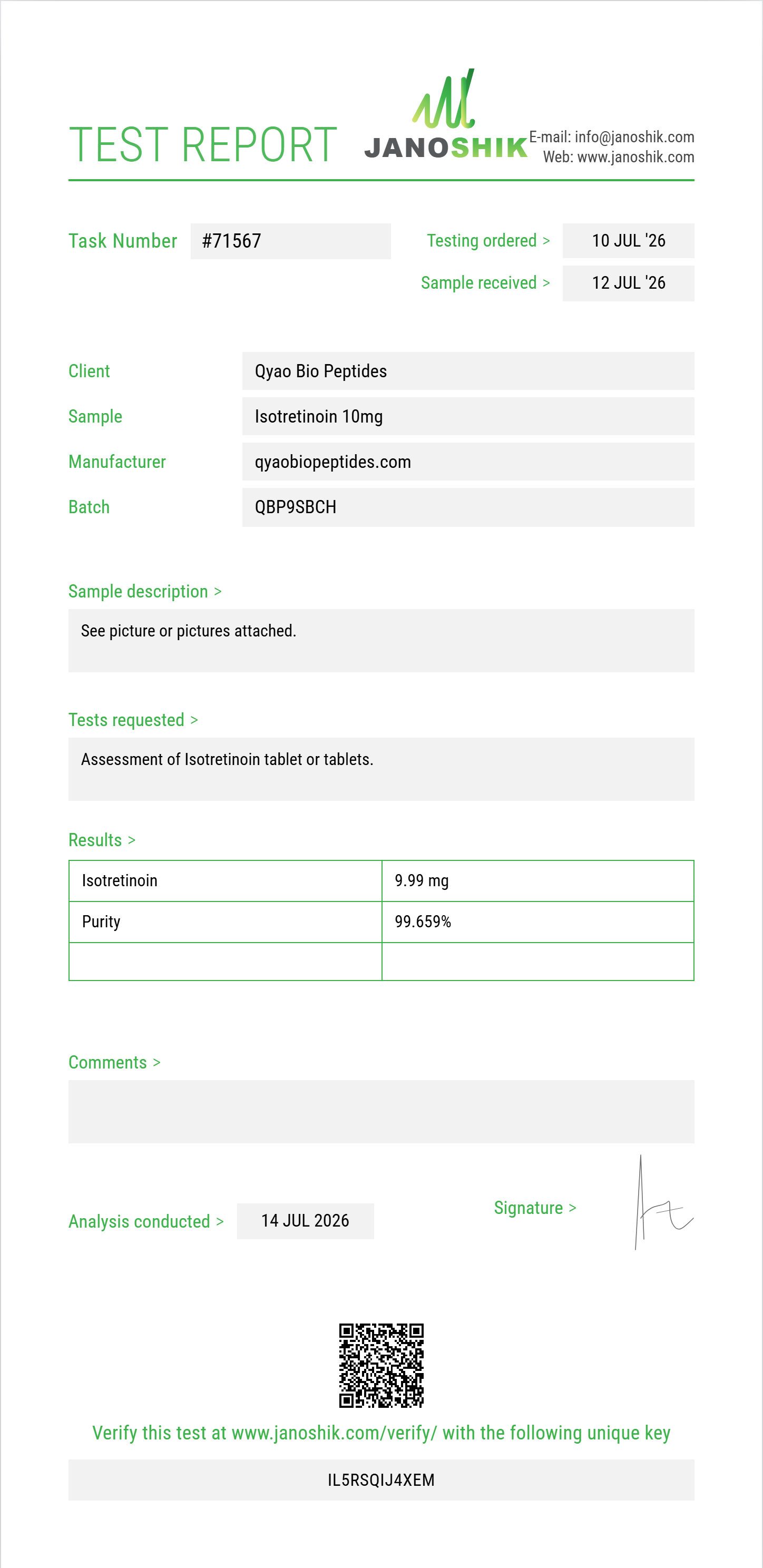Isotretinoin Purity Test Report by Medutest