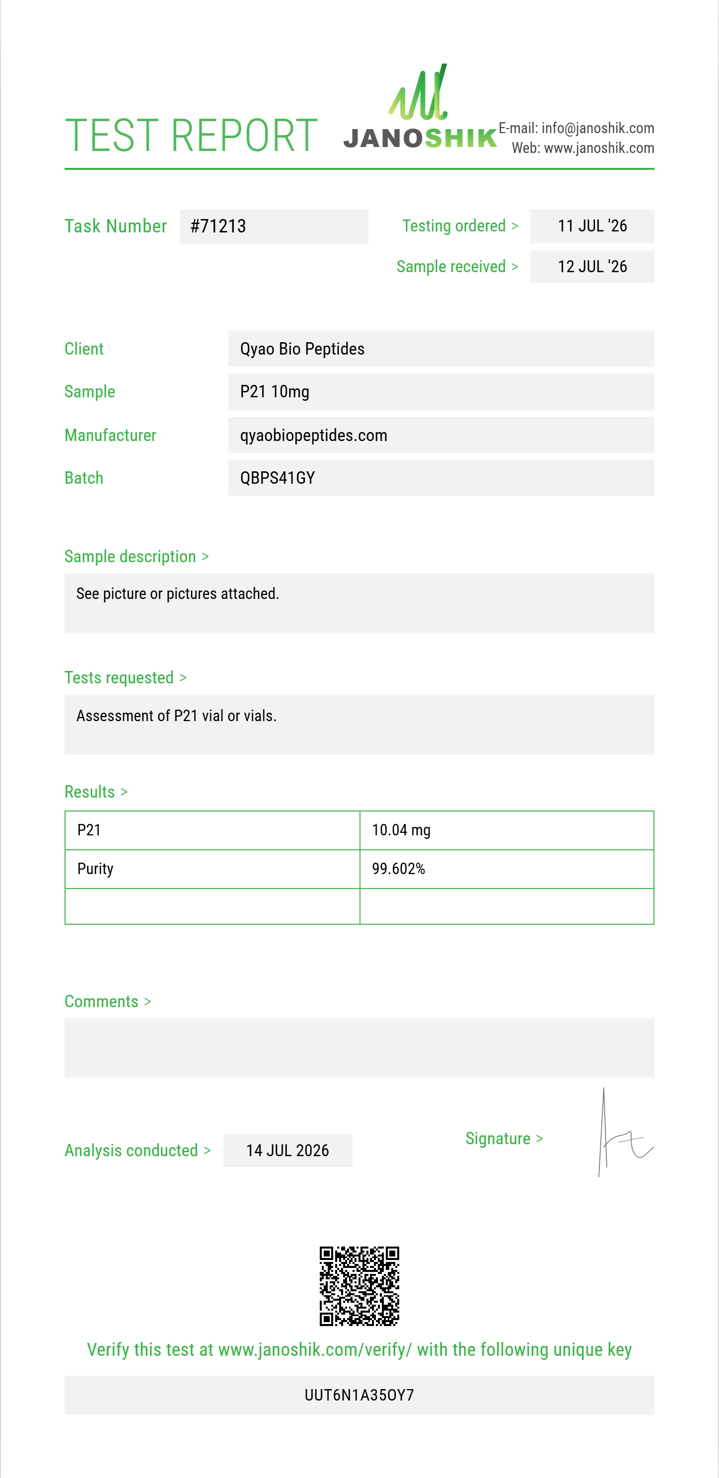 P21 Purity Test Report by Medutest