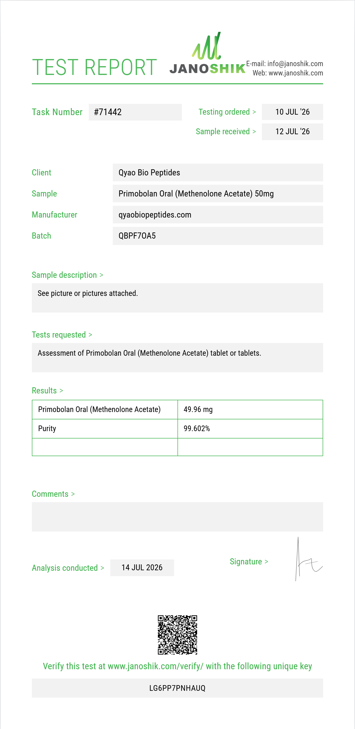 Primobolan Oral (Methenolone Acetate) Purity Test Report by Medutest