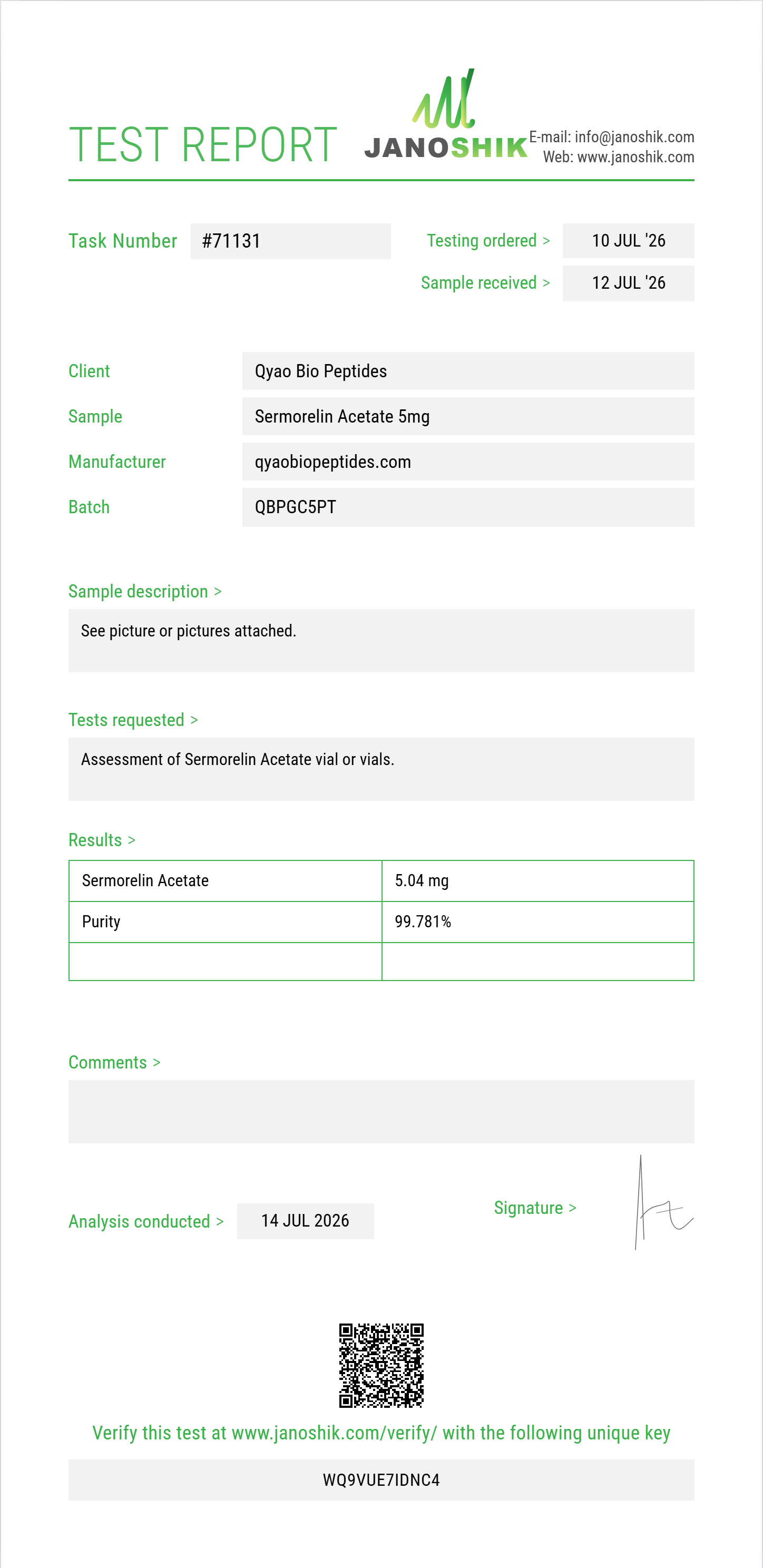 Sermorelin Acetate Purity Test Report by Medutest