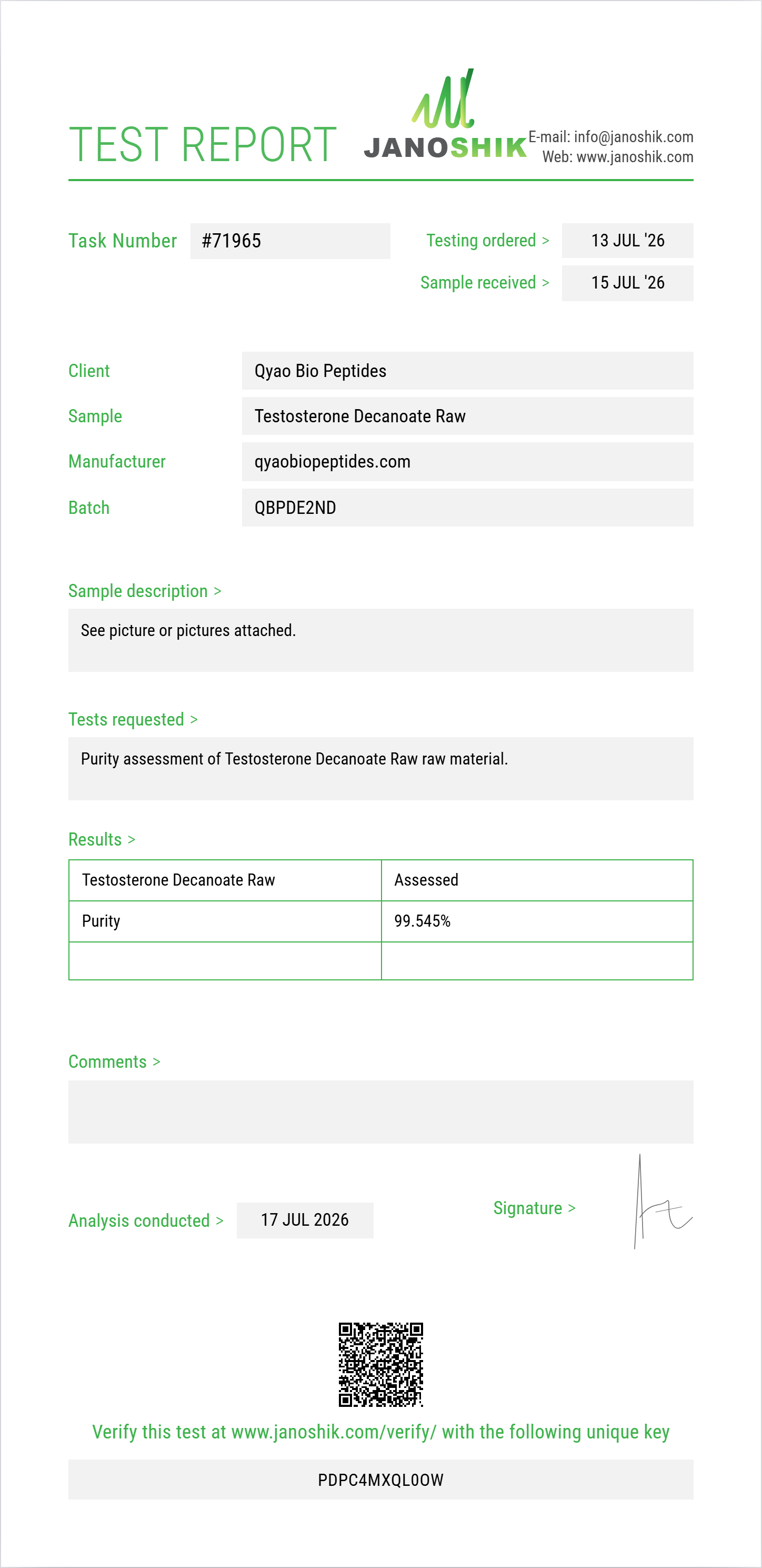 Testosterone Decanoate Raw Purity Test Report by Medutest