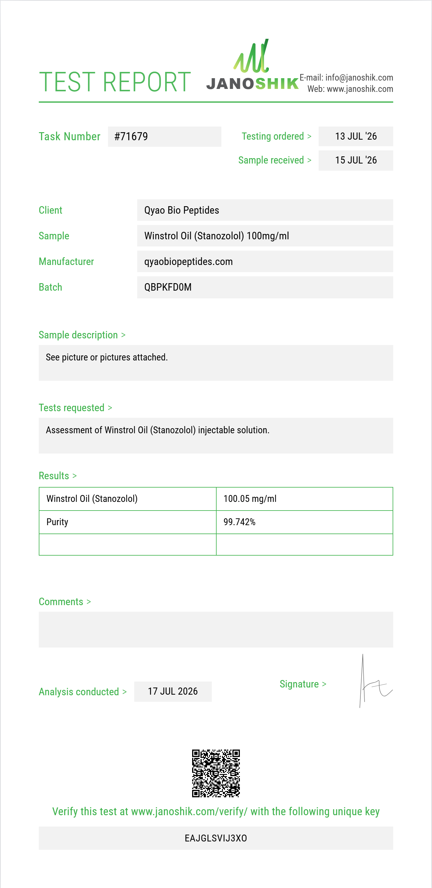 Winstrol Oil (Stanozolol) Purity Test Report by Medutest