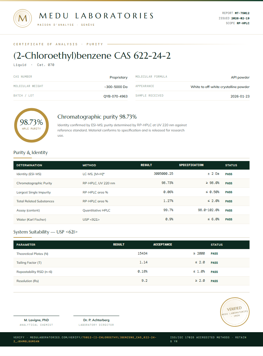 (2-Chloroethyl)benzene CAS 622-24-2 Purity (HPLC) report by Medu Laboratories