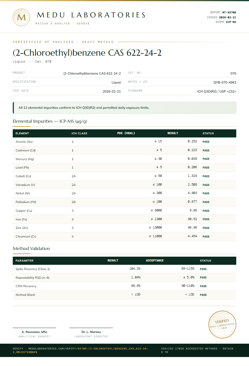 (2-Chloroethyl)benzene CAS 622-24-2 Heavy Metals report by Medu Laboratories