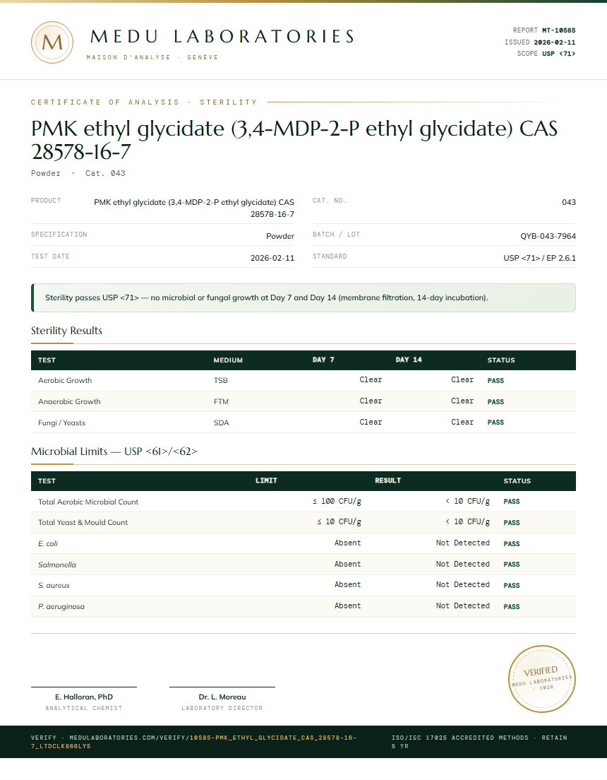 PMK ethyl glycidate (3,4-MDP-2-P ethyl glycidate) CAS 28578-16-7 Sterility report by Medu Laboratories
