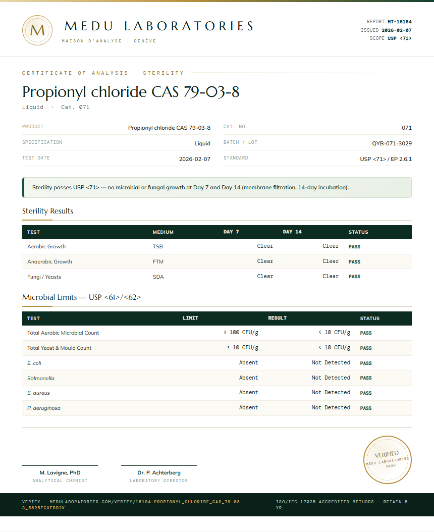Propionyl chloride CAS 79-03-8 Sterility report by Medutest