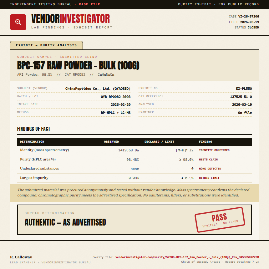 BPC-157 Raw Powder - Bulk (100g) Purity (HPLC) report by VendorInvestigator