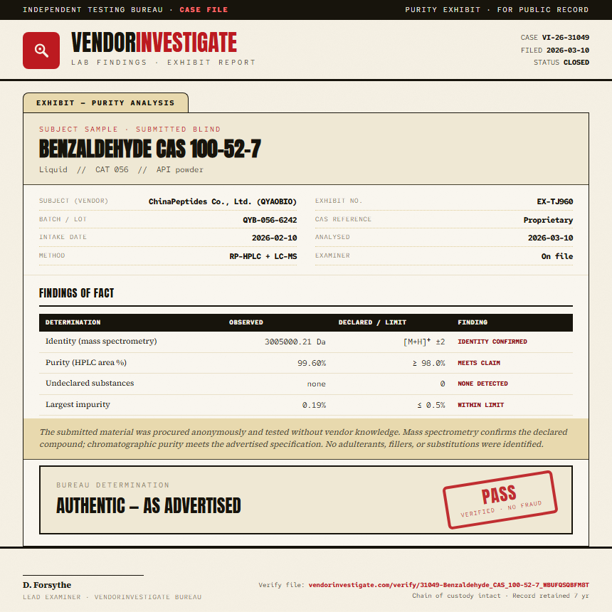Benzaldehyde CAS 100-52-7 Purity (HPLC) report by VendorInvestigator