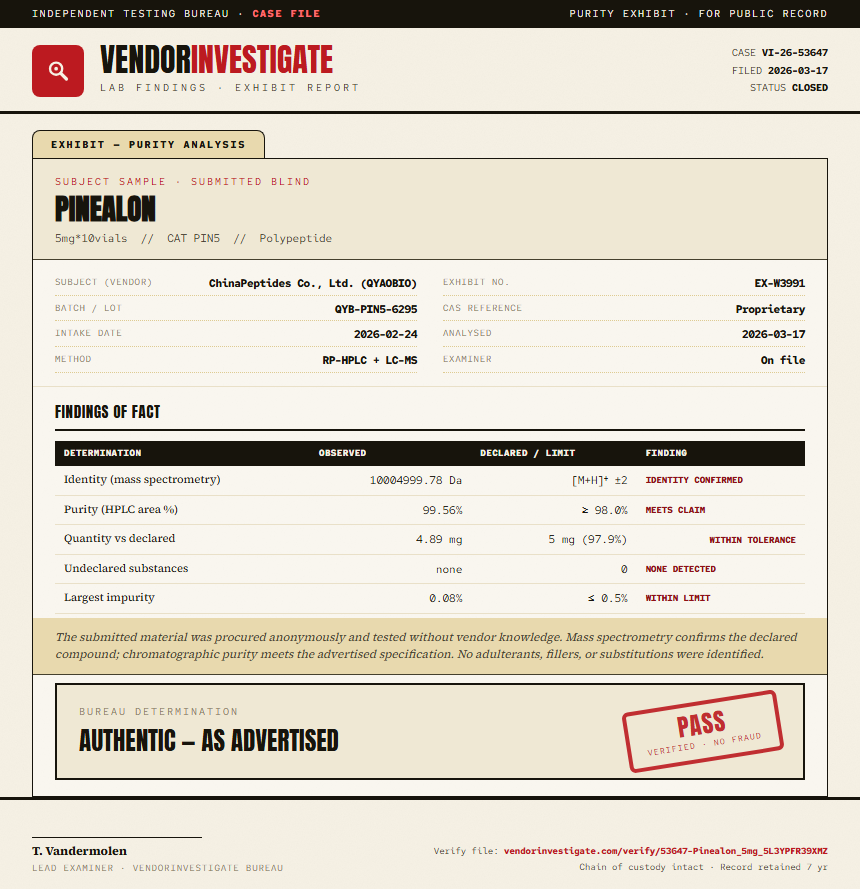 Pinealon Purity (HPLC) report by VendorInvestigator