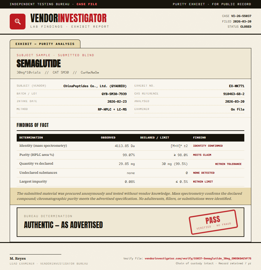 Semaglutide Purity (HPLC) report by VendorInvestigator