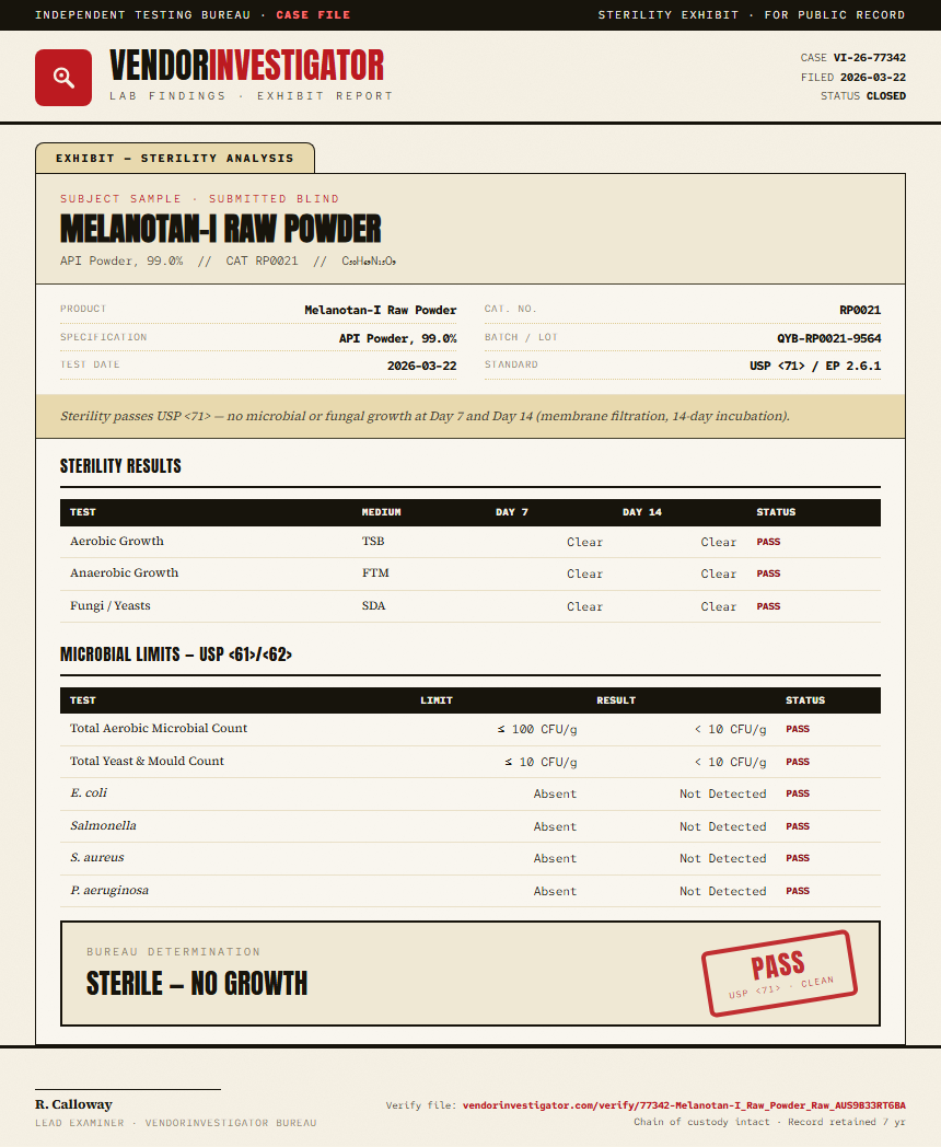 Melanotan-I Raw Powder Sterility report by VendorInvestigator